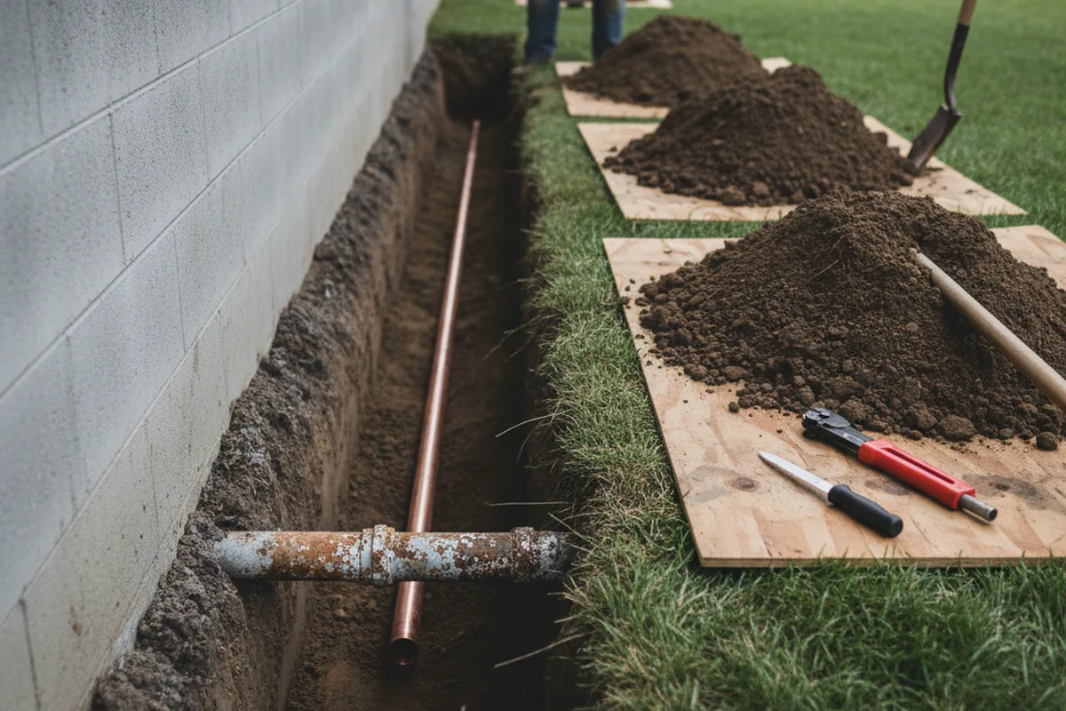 Excavated water line trench during Sewer Line Repair in Pell City